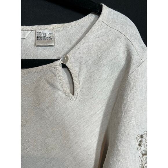 Edward Irish Linen Tunic, Large, 3/4 sleeve, cutout sleeve detail, cream color - Picture 3 of 10